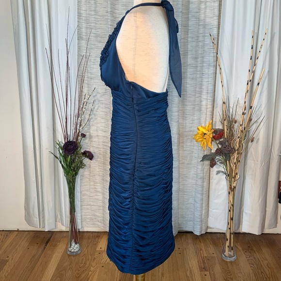 Adrianna Papell solid blue gathered halter styled evening party dress. - Picture 7 of 16